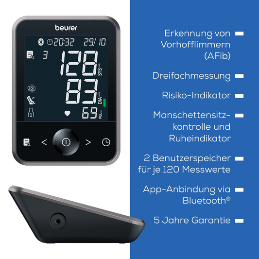 Abgebildet ist ein digitales Beurer BM 64 Blutdruckmessgerät mit Ruheindikator von Beurer GmbH. Zu den neben dem Gerät aufgeführten Funktionen gehören Arrhythmie-Erkennung, Dreifachmessung, Risikoindikator, Manschettenpositions- und Ruheindikator, dualer Benutzerspeicher für 120 Messungen, Bluetooth-Konnektivität kompatibel mit beurer HealthManager Pro und eine 5-Jahres-Garantie.