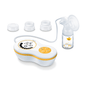 The image shows the Beurer BY 40 electric breast pump from Beurer GmbH with a digital display and control buttons, a milk collection bottle, a pump flange, and three additional bottle caps. The components are predominantly white with yellow accents thanks to vacuum technology.