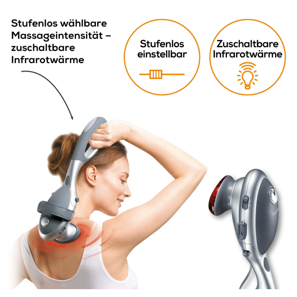 En person bruker Beurer MG 70 infrarød massasjeenhet på skulderen sin. Teksten forklarer den justerbare tapping massasjeintensiteten og den valgfrie infrarøde varmen til produktet fra Beurer GmbH. To symboler står for justerbare nivåer og infrarød varme. Et annet bilde viser et nærbilde av den infrarøde massasjeenheten med tekst på tysk.
