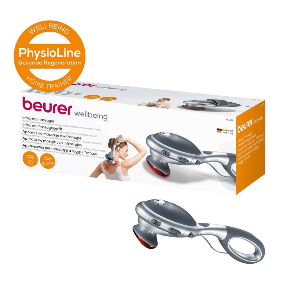Bildet viser en Beurer MG 70 infrarød massasjeenhet | Pakke (1 stk) fra Beurer GmbH. Emballasjen fremhever funksjonene på flere språk. Enheten selv har, i tillegg til emballasjen, et avtakbart håndtak og infrarøde knuter for tapping massasje terapi. I tillegg er det et PhysioLine-logo synlig.