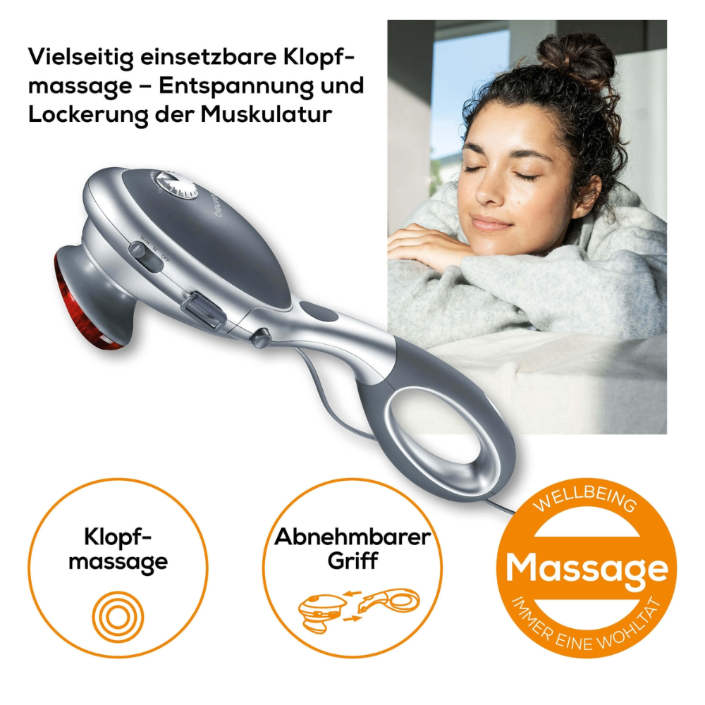 Til venstre er en Beurer MG 70 infrarød massasjeenhet med avtakbart håndtak avbildet. Til høyre hviler en kvinne med lukkede øyne og et smilende ansikt på foldede hender. Teksten er på tysk og fremhever fordeler som muskelavslapning og allsidighet.