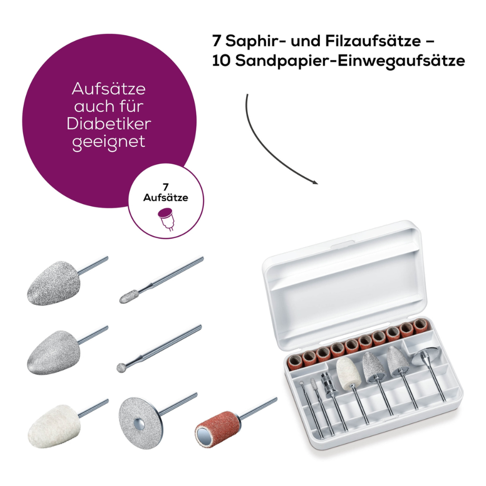 The image shows a Beurer MP 52 manicure set by Beurer GmbH with 7 attachments for diabetics. The attachments are displayed next to a white case containing ten disposable sanding attachments. The text is in German and explains the contents of this comprehensive set.