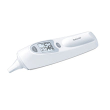 Das Beurer GmbH Auslaufartikel: Das Ohrthermometer FT 58 ist ein weißes Infrarotgerät mit LCD-Display, beschrifteten Tasten, Fieberalarm und "beurer"-Schriftzug auf dem Griff.