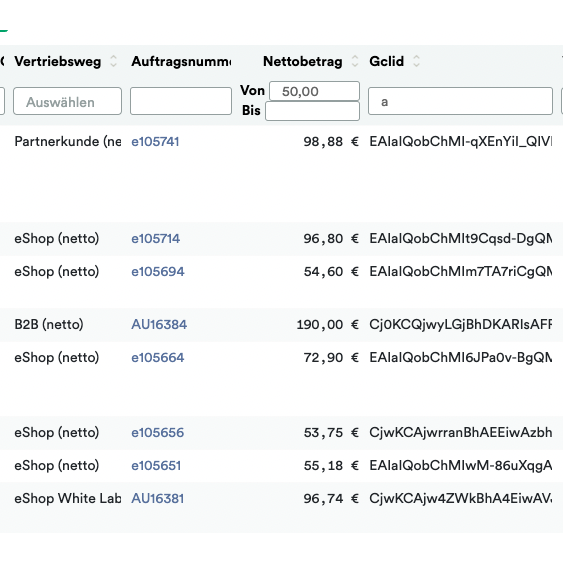 Screenshot eines digitalen Dokuments, das eine Liste von Transaktionen mit Spalten zur Auswahl, Geschäftsart, Kunden-ID, Betrag und Währung anzeigt. Jede Zeile zeigt unterschiedliche Transaktionsdetails im Zusammenhang mit Altran – Weclapp to Google Offline Conversion Upload.