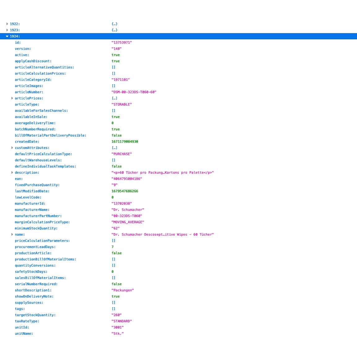 Textbasiertes Foto eines Informationstafellayouts, das eine Konfiguration für eine Webseite mit Altruan ArtikelMeister Feed zeigt: Weclapp Artikel JSON / CSV Feed. Es enthält mehrere Felder wie „id“, „type“ und