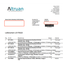 Ein Bild eines Lieferscheins von „Altruan“ mit Details wie der Adresse des Absenders, der Rechnungsnummer und einer detaillierten Liste der versendeten Produkte, einschließlich Mengen und Verpackungsarten.