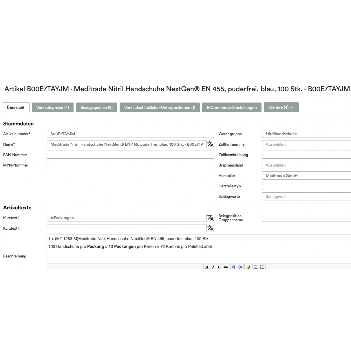 Screenshot of a UnitTable Sync: Weclapp Packaging Units and Bill of Materials Generator page for Meditrade Nitrile Gloves NextGen EN 455, displaying details like item name, description, packaging units, and supplier information in Altruan.