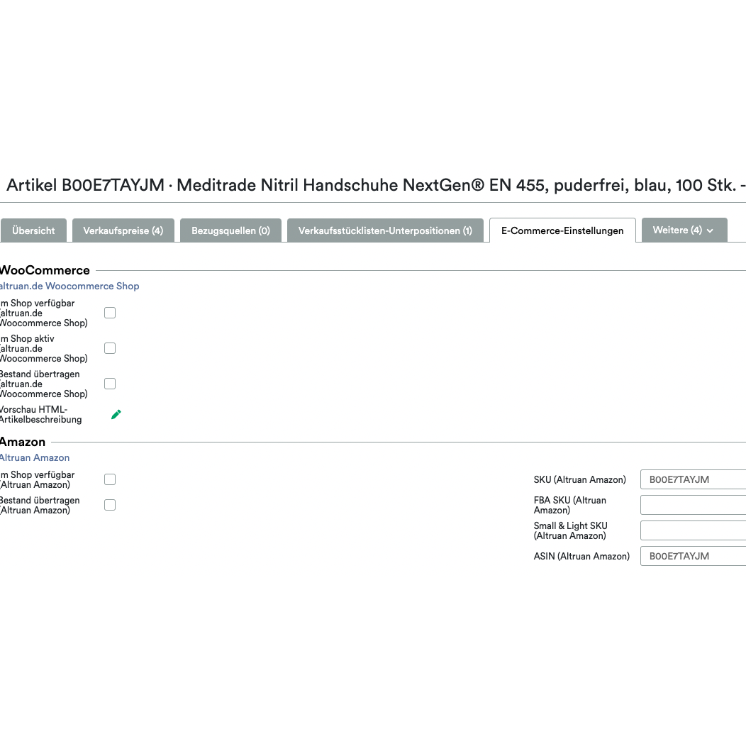 Screenshot of an Altruan UnitTable Sync: Weclapp Packaging Units and Bill of Materials Generator interface showing the listing details of Meditrade Nitrile Gloves NextGen EN 455. Size and quantity are provided. Also visible are marketplace details.