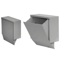 Pictured are two rectangular Novocal SLIDE stainless steel hygiene trash cans—one closed, one open with a slanted insertion flap. Both feature a simple, industrial design, ideal for hygienic waste disposal.