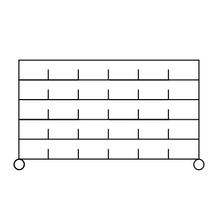 Eine einfache Strichzeichnung des Novocal Sortierregalwagens (Präzisionsstahl, vernickelt, hochglanzverchromt, 4 Eckpfosten) zeigt fünf Regalböden mit vertikalen Abschnitten und zwei kleinen Kreisen an jeder unteren Ecke. Packung: 1 Stück.