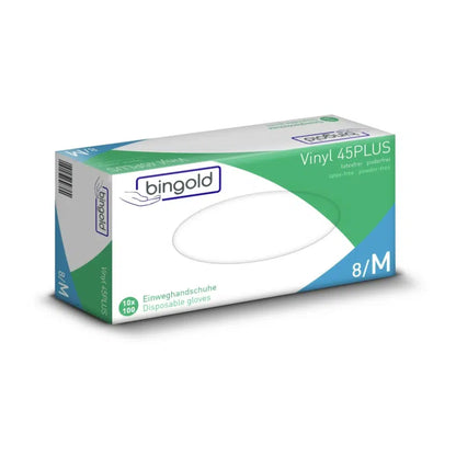 An alternative to latex is the Bingold Vinyl 45PLUS disposable gloves in size Medium. The packaging labeled "latex-free" and "powder-free" contains 100 transparent disposable gloves from BINGOLD GmbH + Co. KG, ensuring safety and comfort for various tasks.