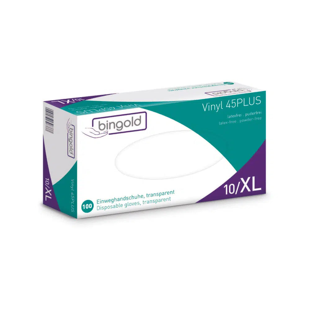 A box of Bingold Vinyl 45PLUS disposable gloves in size XL, with white-blue-green packaging and purple accents, promotes these gloves as a latex and powder-free alternative to latex. The package contains 100 transparent gloves.