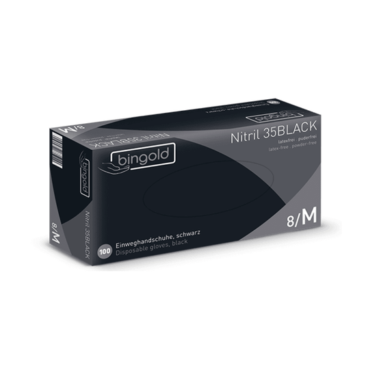 A box of Bingold Nitril 35BLACK black nitrile gloves, a product of BINGOLD GmbH + Co. KG, is shown. These medium-sized gloves are ideal for hygienic applications; they are latex-free and powder-free, and the packaging features multilingual text.