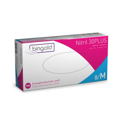 Bingold Nitril 30PLUS Einmalhandschuhe der BINGOLD GmbH + Co. KG sind ideal für die Lebensmittelverarbeitung und den Chemikalienschutz. Es handelt sich um latexfreie, puderfreie Handschuhe in der Größe 8/M in überwiegend weißer Verpackung mit rosa und blauen Akzenten, mit Text in Deutsch und Englisch.