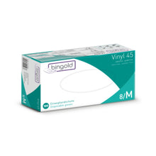 Die Verpackung der Bingold Vinyl 45 Einweghandschuhe in Grün und Weiß weist die Aufschrift „puderfrei“, „latexfrei“ und „8/M“ auf. Sie enthält 100 Handschuhe und ist mit dem Branding der BINGOLD GmbH + Co. KG und der Schutzklasse CAT III versehen, um die Sicherheit zu gewährleisten.