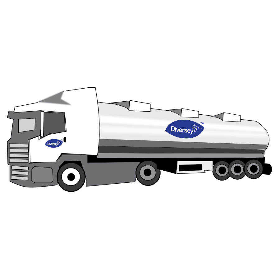 A white-gray tanker truck with three rear axles and the logo of Diversey Deutschland GmbH & Co. OHG on the cab and tank, designed for the delivery of Suma Power T57 Alkali Booster to professional kitchens and machine dishwashing systems. Simple white background.
