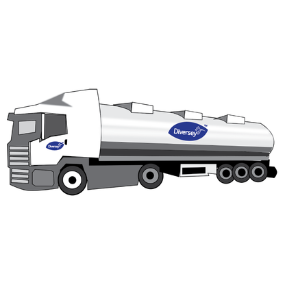 A white-gray tanker truck with three rear axles and the logo of Diversey Deutschland GmbH & Co. OHG on the cab and tank, designed for the delivery of Suma Power T57 Alkali Booster to professional kitchens and machine dishwashing systems. Simple white background.