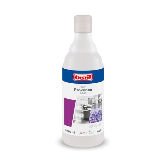 A 600-ml bottle of Buzil Air Provence G 565 ready-to-use room spray from BUZIL-WERK Wagner GmbH & Co. KG, featuring a white-and-blue label with the brand logo, the product name, and images of clean interiors.