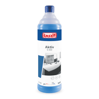 Sobre un fondo blanco se ve un frasco del limpiador multiusos que protege los materiales «Buzil Aktiv G 433», de la empresa BUZIL-WERK Wagner GmbH & Co. KG. El frasco azul lleva en la etiqueta el nombre del producto y la imagen de un escritorio de oficina limpio, lo que hace referencia a las propiedades respetuosas del limpiador. El frasco tiene una capacidad de 1 litro.