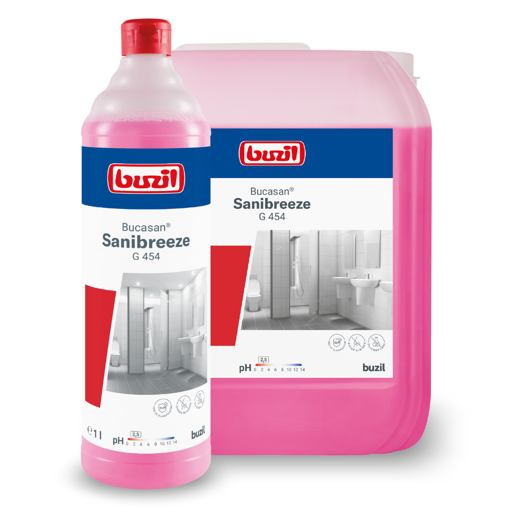 Eine Flasche und ein Behälter Buzil Bucasan® Sanibreeze G 454 Zitronensäurebasis Sanitärunterhaltsreiniger von BUZIL-WERK Wagner GmbH & Co. KG, mit einer rosa Flüssigkeit, die mit Bildern eines makellosen Badezimmers verziert ist, dienen als effiziente Reinigungslösung. Die Flasche steht selbstbewusst vor dem größeren Behälter und zeigt ihre Fähigkeit, mit ihrer geruchsblockierenden Formel die hygienischen Bedingungen wirksam aufrechtzuerhalten.