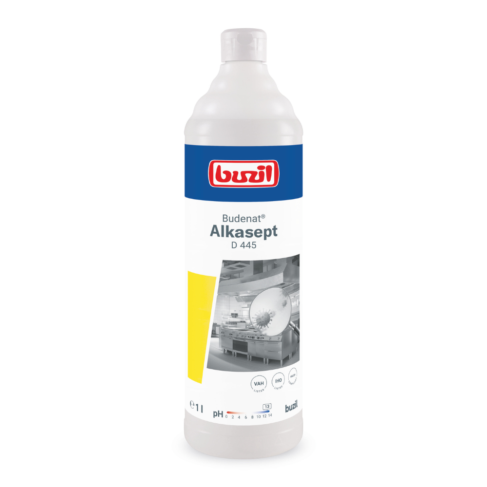 Eine weiße Flasche mit der Aufschrift „Buzil Budenat® Alkasept D 445 Hochalkalischer Desinfektionsreiniger“ von BUZIL-WERK Wagner GmbH & Co. KG ist mit einem blau-roten Logo versehen. Sie ist für alkalibeständige Oberflächen konzipiert und enthält auf dem Etikett ein schwarz-weißes Maschinenbild, die Kennzeichnung „1 Liter“ sowie pH- und Zertifizierungssymbole – ideal für die Desinfektionsreinigung in der Lebensmittelindustrie.