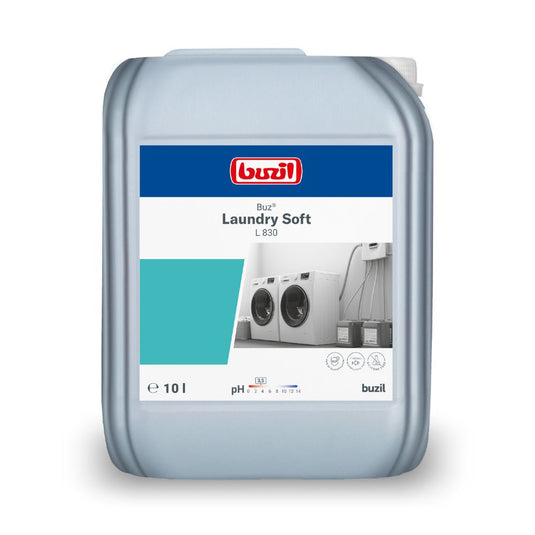 Un bidón de 10 litros en gris con Buzil Buz® Laundry Soft L 830 de BUZIL-WERK Wagner GmbH & Co. KG, ideal para lavanderías profesionales. La etiqueta muestra lavadoras y detalles importantes del producto como el valor de pH y símbolos de medición para garantizar un cuidado óptimo de los textiles.
