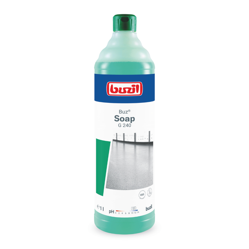 A green bottle with a blue-white label proudly presents the "Buzil Buz® Soap G 240 Wiping Care on a Soap Basis", a premium product by BUZIL-WERK Wagner GmbH & Co. KG. The soap-based formula ensures a clean, shiny floor. The bottle has a volume of 1 liter, making it ideal for all cleaning tasks.