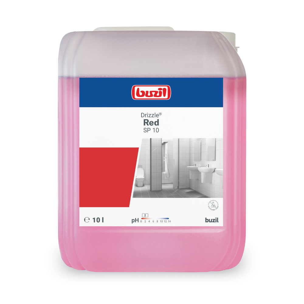 Un recipiente de plástico rectangular de 10 litros con Buzil Drizzle® Red SP 10 Limpiador de espuma sanitaria listo para usar, fabricado por BUZIL-WERK Wagner GmbH & Co. KG, contiene un líquido rosa con un pH de 3,5 y muestra imágenes de baños en la etiqueta que destacan su excelente rendimiento de limpieza.