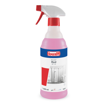Una botella de spray con la inscripción "Buzil Drizzle® Red SP 10 Limpiador de espuma sanitaria listo para usar" de BUZIL-WERK Wagner GmbH & Co. KG contiene 600 ml de espuma limpiadora para baños para un rendimiento óptimo. El líquido rosa se encuentra en una botella con una boquilla de spray rojo y blanco, con una imagen de un baño en la etiqueta.