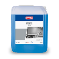 A 10-liter canister of Buzil Indumaster® Protect IR 30 Machine and Tarpaulin Cleaner from BUZIL-WERK Wagner GmbH & Co. KG is labeled with an image of a truck and information such as the pH value and product name. This blue container with a white lid is known for its cleaning power and corrosion protection and delivers exceptional cleaning performance.