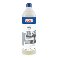A one-liter bottle of the floor cleaner Buzil Indumaster® Step IR 16, manufactured by BUZIL-WERK Wagner GmbH & Co. KG, features a blue-and-red logo at the top of the label, next to text and a grayscale image of building surfaces, as well as a blue cap.
