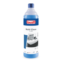 A blue bottle of Buzil Multi Clean G 430 Alkaline Intensive All-Purpose Cleaner is displayed, featuring a label with a red logo and a black-and-white image of a spotless room. Manufactured by BUZIL-WERK Wagner GmbH & Co. KG, this product is designed as an intensive cleaner to effectively remove stubborn dirt from alkali-resistant surfaces. The bottle comes with a matching blue cap.