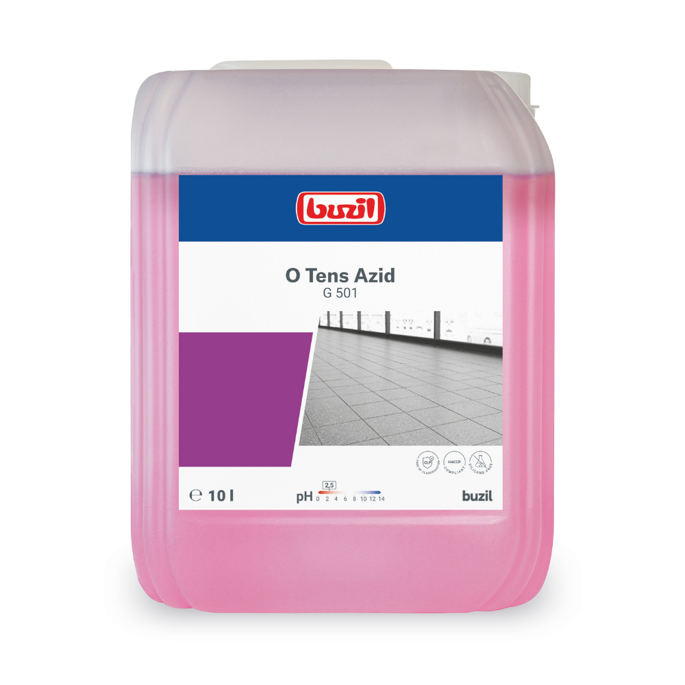 Para las incrustaciones de cal, ayuda un envase de 10 litros con Buzil O Tens Azid G 501, un limpiador sin tensioactivos de color rosa de BUZIL-WERK Wagner GmbH & Co. KG. En la etiqueta se pueden ver el logotipo de la marca, el nombre del producto, el valor de pH 1 y la imagen de un suelo de baldosas, ideal para el cuidado de baldosas de gres porcelánico impecables.