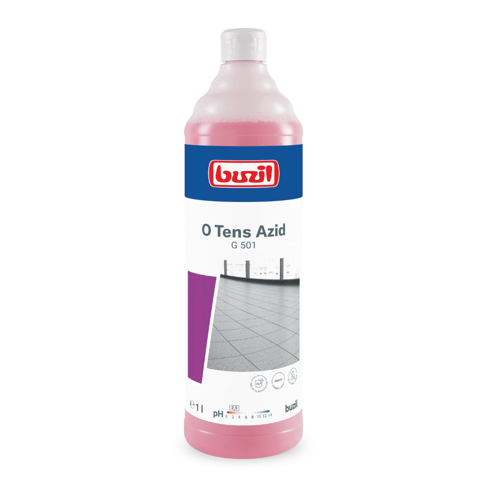 El Buzil O Tens Azid G 501, una botella de 1 litro con líquido rosado de BUZIL-WERK Wagner GmbH & Co. KG, es ideal para combatir las manchas de cal. La etiqueta muestra un suelo de baldosas junto con símbolos que destacan sus propiedades de limpieza. Este limpiador a base de ácido está diseñado específicamente para tareas de limpieza y mantenimiento efectivas en baldosas de gres porcelánico.