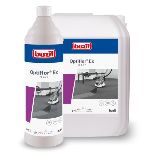 En la imagen se muestran dos envases de Buzil Optiflor® Ex G 477, un limpiador básico para alfombras destinado a la limpieza por pulverización y extracción: una botella blanca y un bidón grande, ambos con la marca de BUZIL-WERK Wagner GmbH & Co. KG.