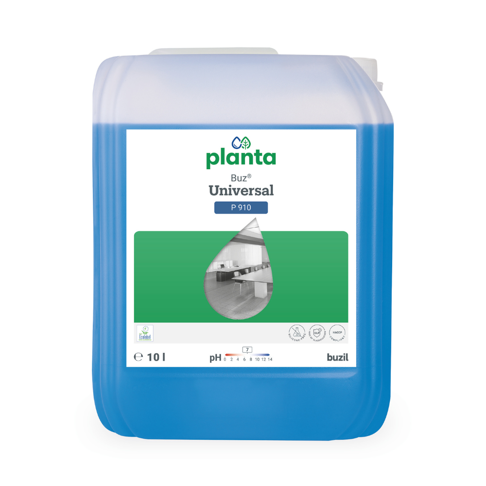 Ein 10-Liter-Behälter mit blauer Flüssigkeit, gebrandet als „Buzil Planta Buz® Universal P 910 Ökologischer Universalreiniger“, vermittelt ein sauberes Küchenbild und betont seine pH-neutrale Formel mit 7. Der Markenname BUZIL-WERK Wagner GmbH & Co. KG ist unten abgebildet. Dieser Allzweckreiniger ist mit dem EU-Umweltzeichen zertifiziert.