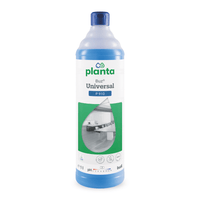 Una botella de 1 litro de Buzil Planta Buz® Universal P 910, limpiador universal ecológico de la empresa BUZIL-WERK Wagner GmbH & Co. KG, con tapón azul y una etiqueta que incluye detalles del producto, como un indicador de pH, la etiqueta ecológica de la UE y una imagen de una habitación.