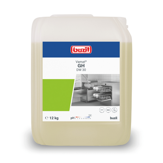 Auf einem weißen 12-kg-Gebinde mit der Aufschrift „Buzil Vamat® GH DW 30 Flüssiger Geschirrspülreiniger, hochalkalisch“ der BUZIL-WERK Wagner GmbH & Co. KG ist ein Etikett mit einem Produktbild und Symbolen für pH-Wert und Sicherheitshinweise angebracht.