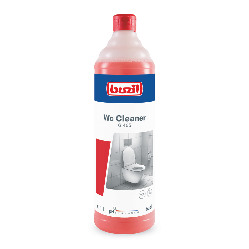 Eine Flasche Buzil WC Cleaner G 465 Viskoser Sanitärgrundreiniger, hergestellt von BUZIL-WERK Wagner GmbH & Co. KG, ist für die effektive Entfernung von Kalk und Urinstein konzipiert. Die rote Flasche verfügt über ein leuchtend blau-weißes Etikett mit einem Toilettenbild sowie dem Markennamen und Text des Produkts und ist mit einem passenden roten Deckel verschlossen.