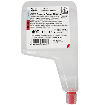 Eine 400-ml-Flasche CWS Seifenschaum Schaumkonzentrat Standard hat ein weißes Etikett mit Produktinformation, Barcode und einem roten Schraubverschluss am Boden. Auf dem Etikett stehen die Inhaltsstoffe, der Hersteller (CWS) und das Verfallsdatum.