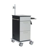 The Novocal Model I Computer Cart is a mobile medical cart in black and white featuring a right-side pull-out keyboard tray, a mouse compartment, a side handle, two drawers, four swivel casters, and a vertical metal rod for accessories. Package contents: 1 unit.