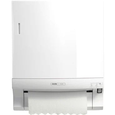 Das CWS Frontpanel für Rollenpapierhandtuchspender Paperroll ist ein weißes, wandmontiertes Gerät mit sichtbarer Papierhandtuchrolle und glattem, rechteckigem Design - ideal für die Waschraumoptimierung.
