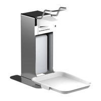 The CWS Drip Tray for desiTop (1 piece) is a white drip tray from CWS designed for the bathroom or to be placed next to the desiTop sink. Ideal for use under a wall-mounted metal hand sanitizer dispenser with a lever and refillable bottle. Label: "Hand Sanitizer."