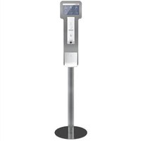 A freestanding CWS ParadiseLine drip tray, designed to complement the Disinfect NT, serves as a drip tray beneath the disinfectant dispenser station, which features a touchscreen attachment and a round metal base, ensuring a hygienic environment.