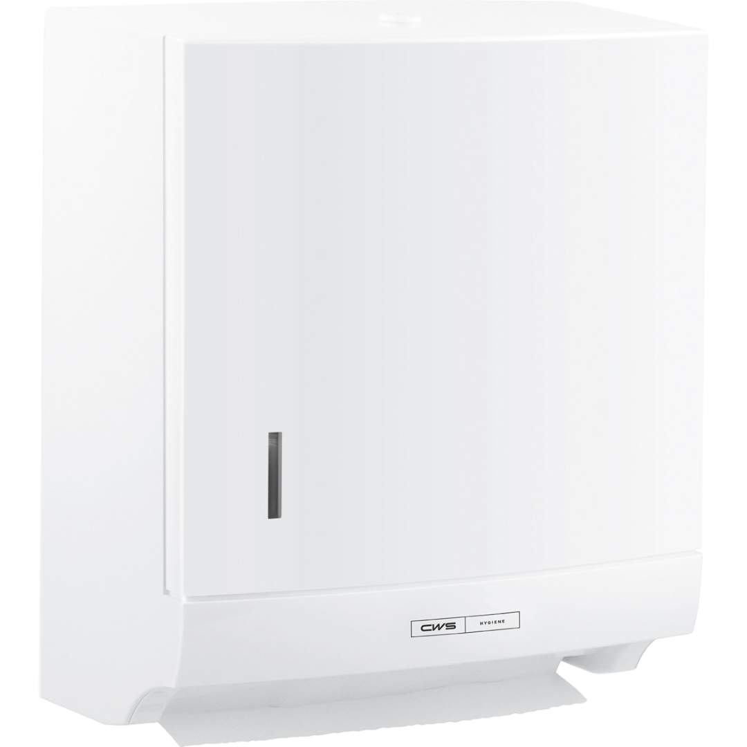Der CWS ParadiseLine Faltpapierhandtuchspender Paper Slim in Weiß mit Druckknopf bietet hygienische, wandmontierte Papierentnahme und besitzt ein schlankes Design sowie ein Panel zur Füllstandskontrolle.