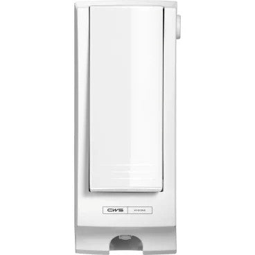 El panel frontal CWS para Paradise Seatcleaner es un dispensador blanco, rectangular, montado en la pared con una palanca de presión y una pequeña abertura dispensadora, diseñado para la higiene del inodoro y es ideal para su uso con productos Paradise Seatcleaner.
