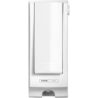 El panel frontal CWS para Paradise Seatcleaner es un dispensador blanco, rectangular y de montaje en pared, provisto de una palanca de presión y una pequeña abertura de dispensación, diseñado para la higiene de los aseos y ideal para su uso con los productos Paradise Seatcleaner.