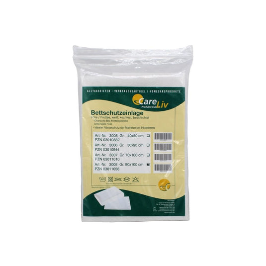A sealed CareLiv bed protector, 90 x 100 cm, plastic film/terry cloth (white), by CareLiv Produkte OHG for incontinence, with product information and item numbers on a yellow-and-white German label. The package contains 1 piece.