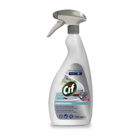 A white 750-ml bottle of Cif Alcohol Plus Professional, a no-rinse rapid disinfectant from Diversey Deutschland GmbH & Co. OHG, features a gray spray nozzle. The label displays the ethanol-based formula for surface disinfection along with the logo and instructions for use. The bottle is suitable for surface disinfection and is shown standing upright against a plain white background.