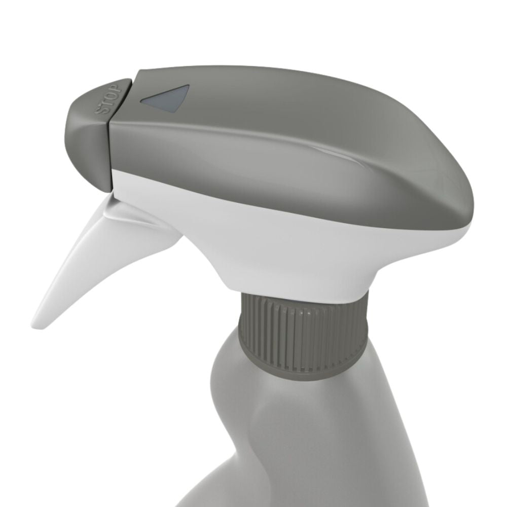 Close-up of a gray and white spray bottle trigger, perfect for professional use. The nozzle is marked with a "Stop" label and features a triangular indicator as well as a ribbed neck for better grip. Against a plain white background, it is ideal for use with the Cif Professional Stainless Steel Cleaner, cleans and protects stainless steel surfaces (750 ml) by Diversey Deutschland GmbH & Co. OHG.
